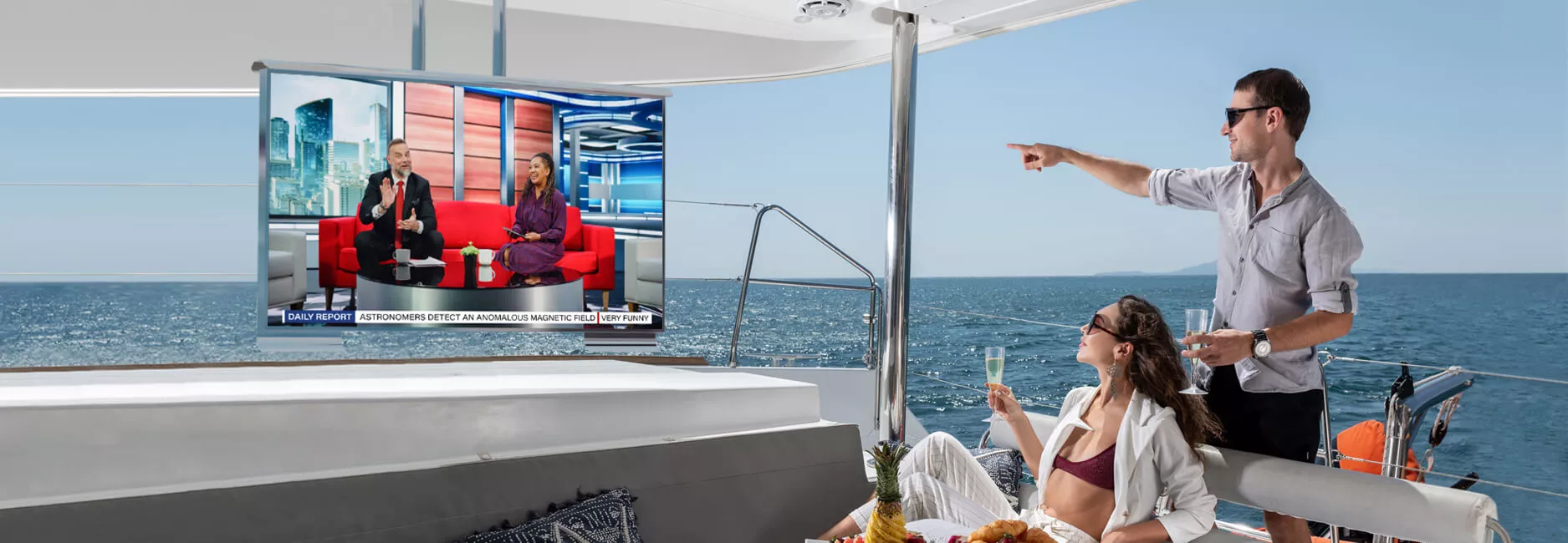 Watching show at cosmos marine outdoor tv while enjoying the refreshing drink on the yacht.