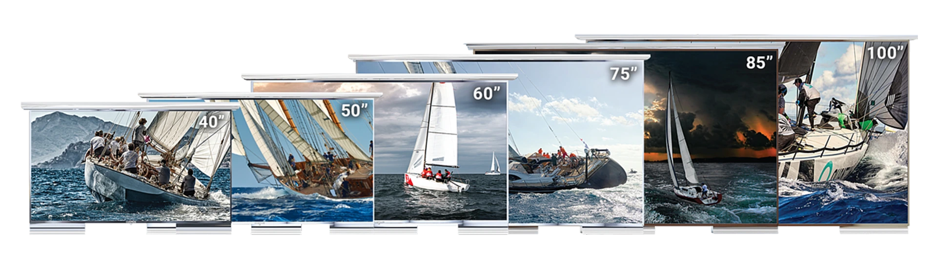 Cosmos Marine stainless steel outdoor TV displays in different kind of sizes on a white backdrop.