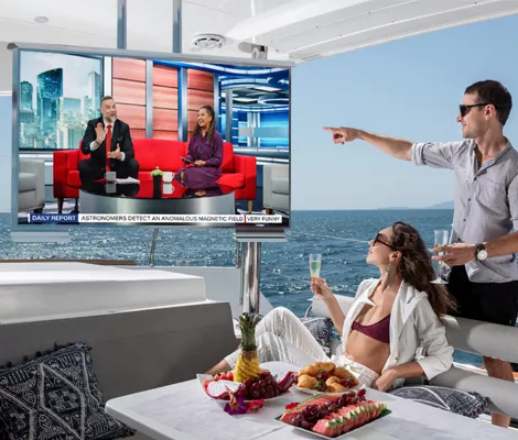 Enjoying the refreshing sea drink while watching show in ceiling mounted cosmos marine outdoor tv.