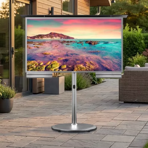 Swivel standing floor-mounted outdoor television attached on a gray cement tiled floor.